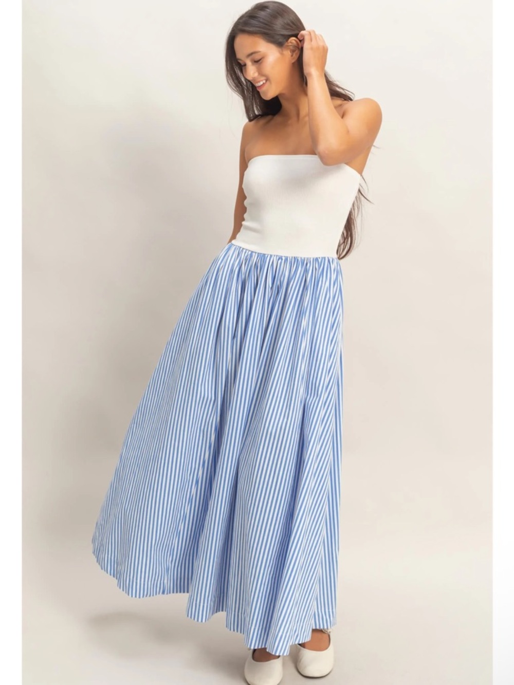 NEW Double Zero Blue Striped Strapless Flowy Midi Dress Small